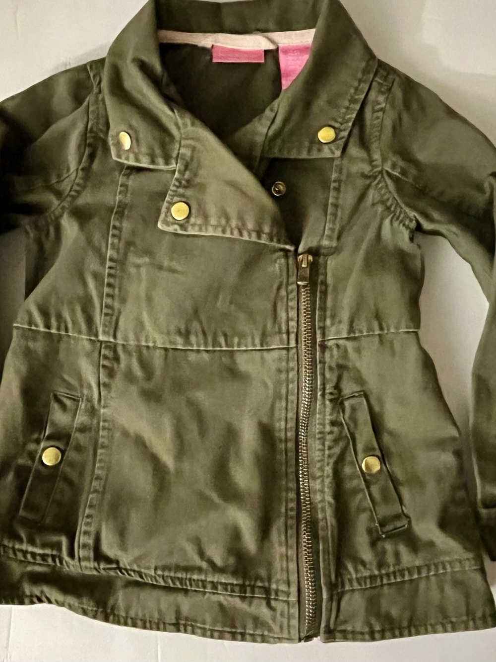 Isaac Mizrahi Olive Green Moto Jean Jacket with Pink Trim